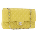 CHANEL Matelasse 25 Double Flap Chain Bag Lamb Skin Yellow CC Auth 156637SM-1