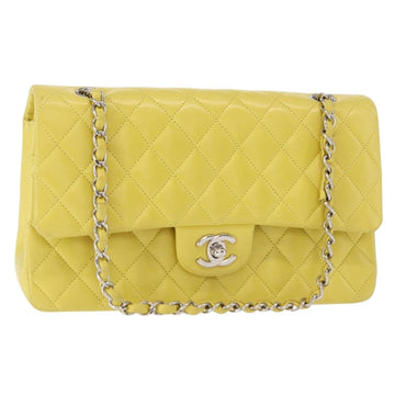CHANEL Matelasse 25 Double Flap Chain Bag Lamb Skin Yellow CC Auth 156637SM