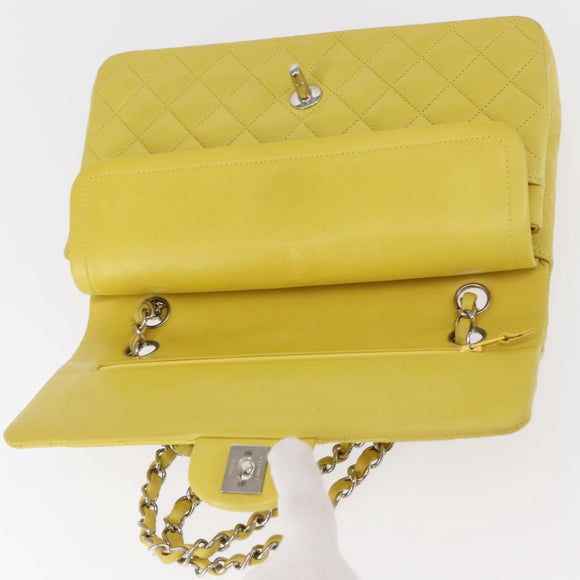 CHANEL Matelasse 25 Double Flap Chain Bag Lamb Skin Yellow CC Auth 156637SM