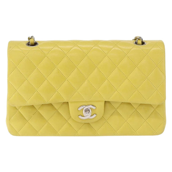 CHANEL Matelasse 25 Double Flap Chain Bag Lamb Skin Yellow CC Auth 156637SM
