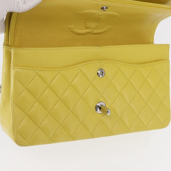 CHANEL Matelasse 25 Double Flap Chain Bag Lamb Skin Yellow CC Auth 156637SM