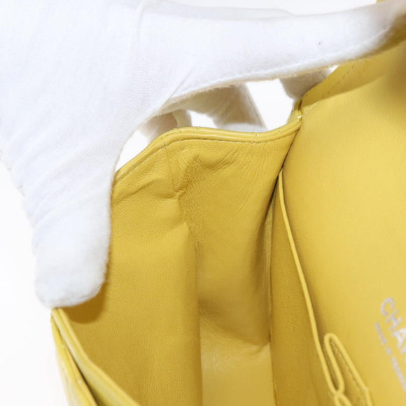 CHANEL Matelasse 25 Double Flap Chain Bag Lamb Skin Yellow CC Auth 156637SM