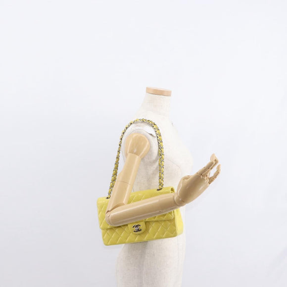 CHANEL Matelasse 25 Double Flap Chain Bag Lamb Skin Yellow CC Auth 156637SM
