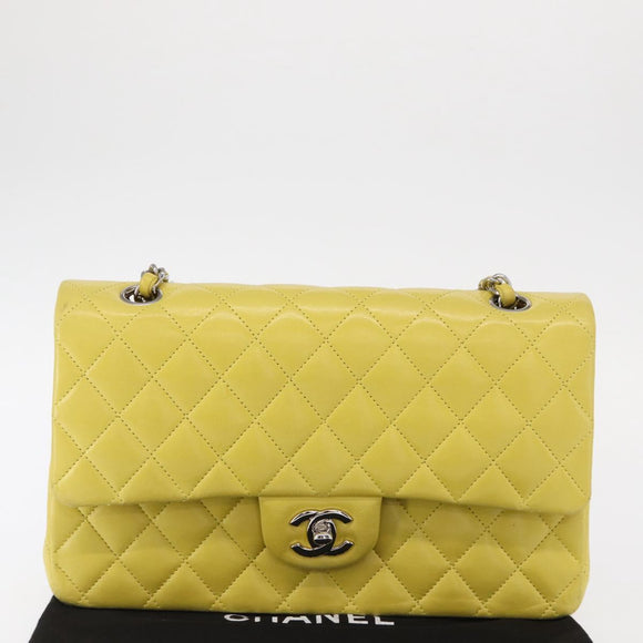 CHANEL Matelasse 25 Double Flap Chain Bag Lamb Skin Yellow CC Auth 156637SM