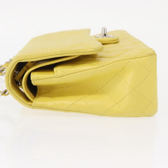 CHANEL Matelasse 25 Double Flap Chain Bag Lamb Skin Yellow CC Auth 156637SM
