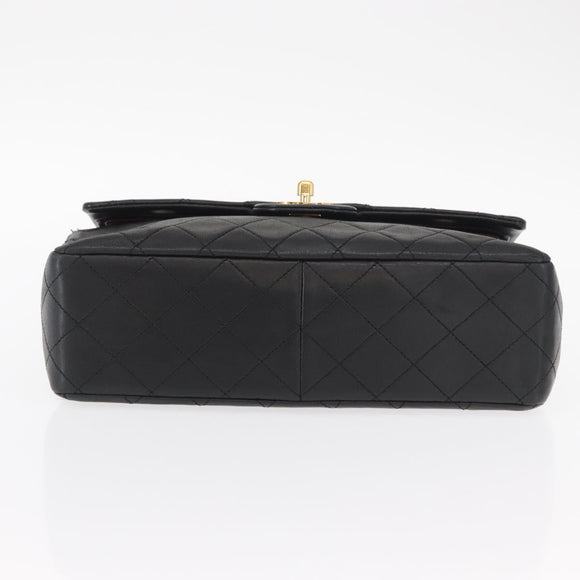 CHANEL Matelasse 25 Double Flap Chain Bag Lamb Skin Black Gold CC Auth 156638SAV