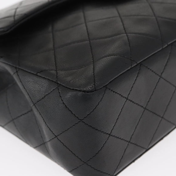 CHANEL Matelasse 25 Double Flap Chain Bag Lamb Skin Black Gold CC Auth 156638SAV