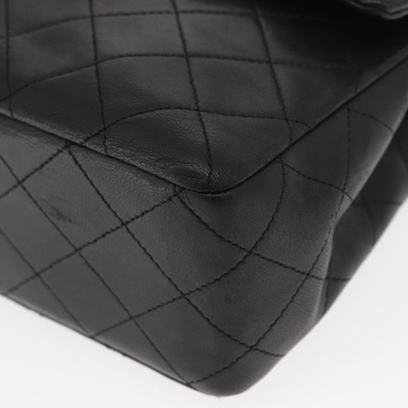 CHANEL Matelasse 25 Double Flap Chain Bag Lamb Skin Black Gold CC Auth 156638SAV