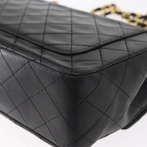 CHANEL Matelasse 25 Double Flap Chain Bag Lamb Skin Black Gold CC Auth 156638SAV