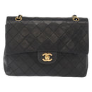 CHANEL Matelasse 25 Double Flap Chain Bag Lamb Skin Black Gold CC Auth 156638SAV-2