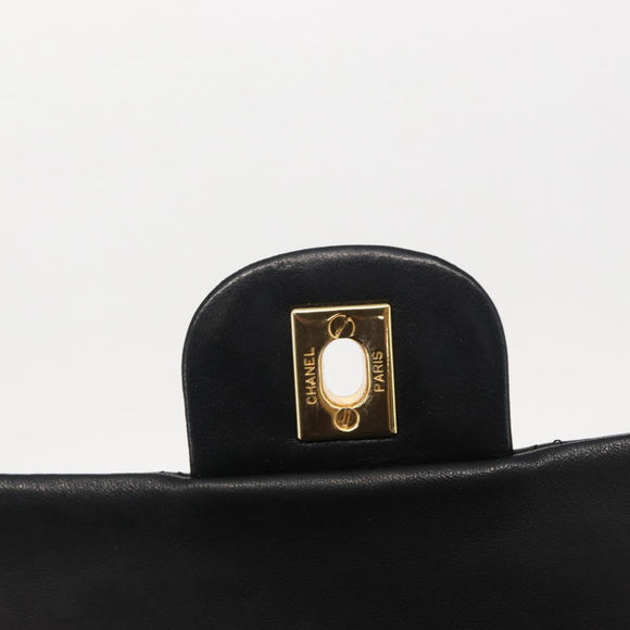 CHANEL Matelasse 25 Double Flap Chain Bag Lamb Skin Black Gold CC Auth 156638SAV