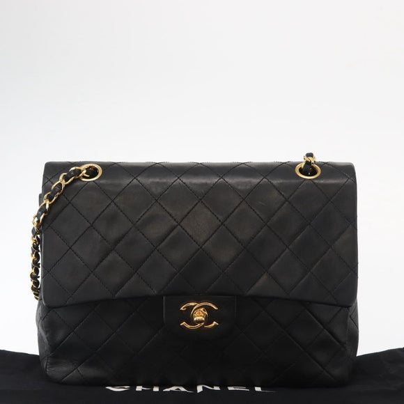 CHANEL Matelasse 25 Double Flap Chain Bag Lamb Skin Black Gold CC Auth 156638SAV