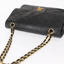 CHANEL Matelasse 25 Double Flap Chain Bag Lamb Skin Black Gold CC Auth 156638SAV-7