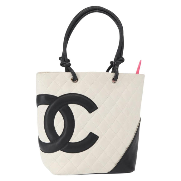 CHANEL Matelasse Medium Cambon Line Bag Calf Skin White Black CC Auth 156639V