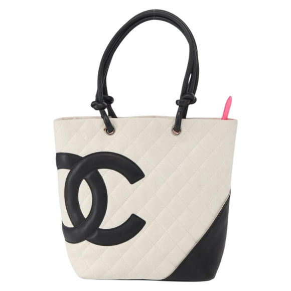 CHANEL Matelasse Medium Cambon Line Bag Calf Skin White Black CC Auth 156639V