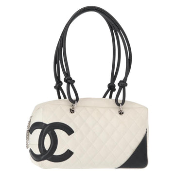 CHANEL Matelasse Bowling Bag Cambon Line Calf Skin White Black CC Auth 156643V