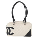 CHANEL Matelasse Bowling Bag Cambon Line Calf Skin White Black CC Auth 156643V-13