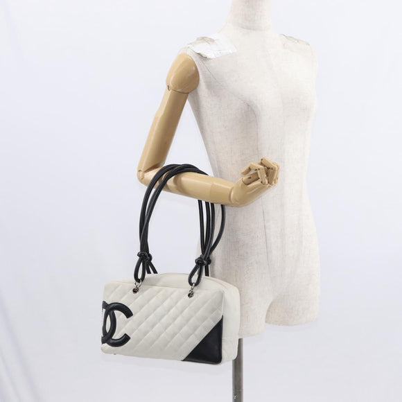 CHANEL Matelasse Bowling Bag Cambon Line Calf Skin White Black CC Auth 156643V