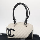 CHANEL Matelasse Bowling Bag Cambon Line Calf Skin White Black CC Auth 156643V-12
