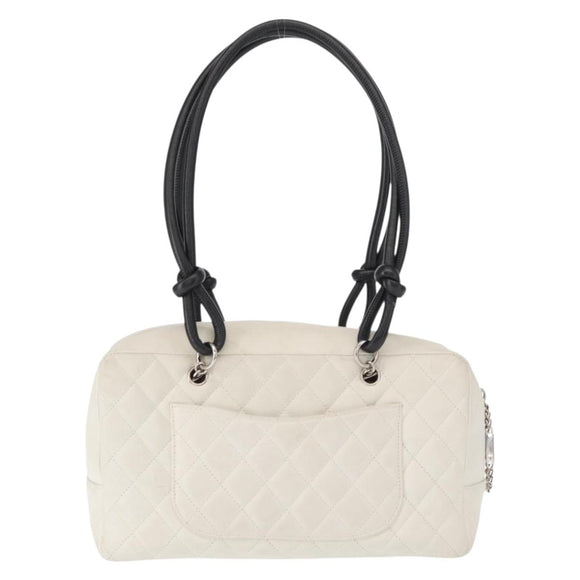 CHANEL Matelasse Bowling Bag Cambon Line Calf Skin White Black CC Auth 156643V