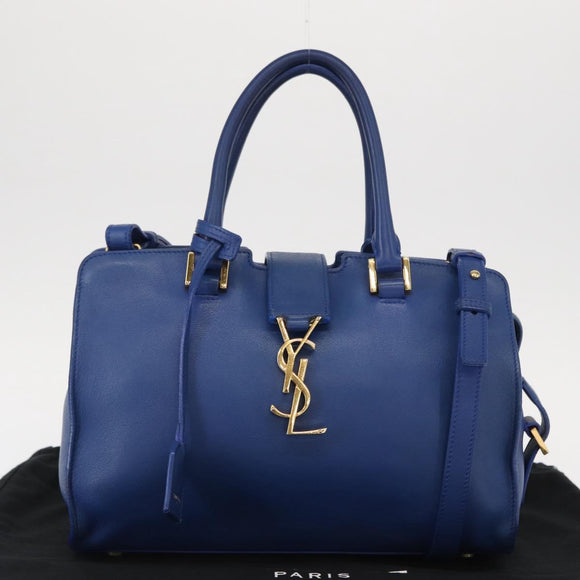 SAINT LAURENT Baby Cabas Hand Bag Leather 2way Blue Gold Auth 156644V