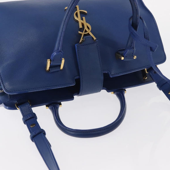 SAINT LAURENT Baby Cabas Hand Bag Leather 2way Blue Gold Auth 156644V