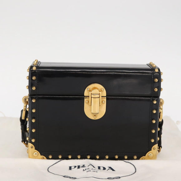 PRADA Chain Mini Trunk Shoulder Bag Enamel Black Gold Auth 156646V