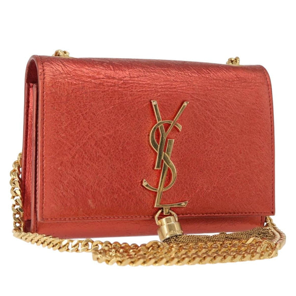SAINT LAURENT Chain Kate Shoulder Bag Leather Red Gold Auth 156647M