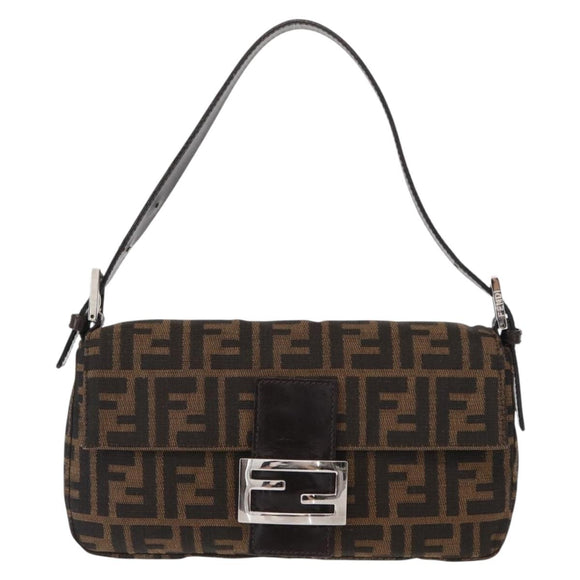 FENDI Zucca Canvas Mamma Baguette Shoulder Bag Black Brown Auth 156651SAM