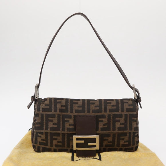 FENDI Zucca Canvas Mamma Baguette Shoulder Bag Black Brown Auth 156652M