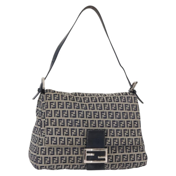 FENDI Zucchino Canvas Mamma Baguette Shoulder Bag Navy Silver Auth 156654V