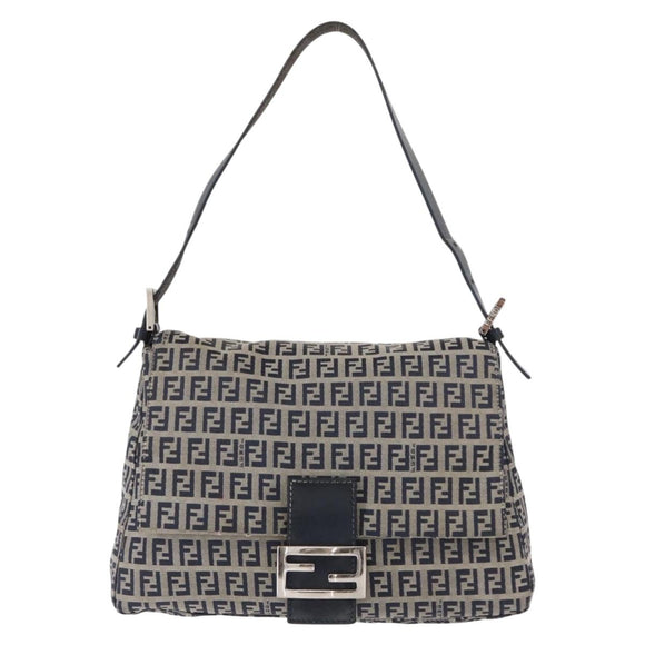 FENDI Zucchino Canvas Mamma Baguette Shoulder Bag Navy Silver Auth 156654V