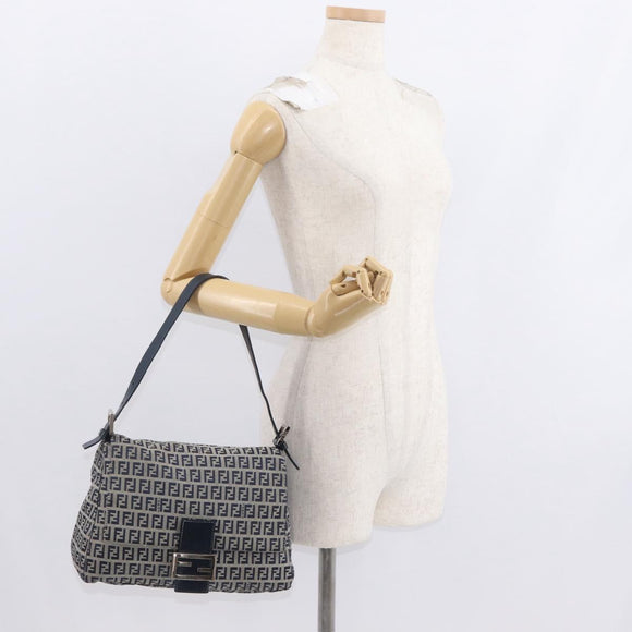 FENDI Zucchino Canvas Mamma Baguette Shoulder Bag Navy Silver Auth 156654V