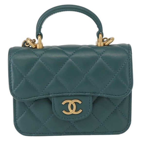 CHANEL Matelasse Chain Shoulder Bag Lamb Skin 2way Green Gold CC Auth 156667SM