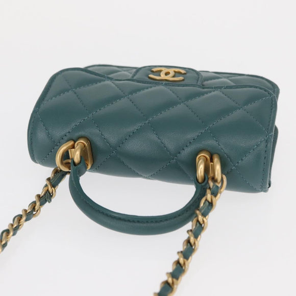 CHANEL Matelasse Chain Shoulder Bag Lamb Skin 2way Green Gold CC Auth 156667SM