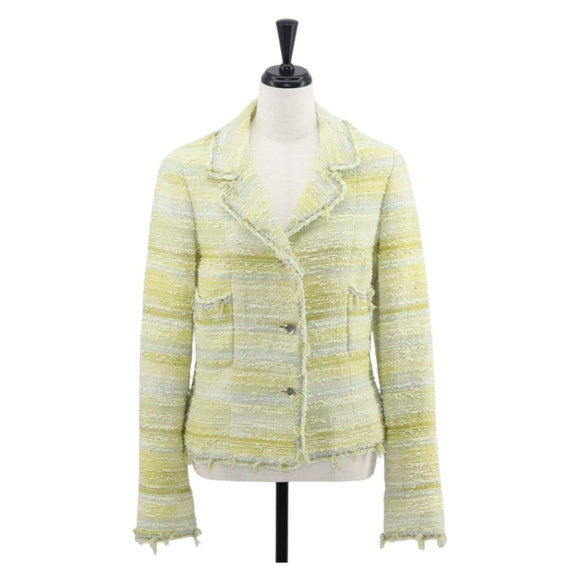 CHANEL Jacket Tweed Yellow Silver CC Auth 156695M