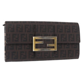 FENDI Zucchino Canvas Mamma Baguette Long Wallet PVC Brown Gold Auth 156711