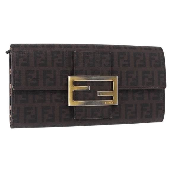 FENDI Zucchino Canvas Mamma Baguette Long Wallet PVC Brown Gold Auth 156711
