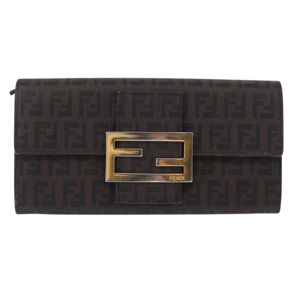 FENDI Zucchino Canvas Mamma Baguette Long Wallet PVC Brown Gold Auth 156711