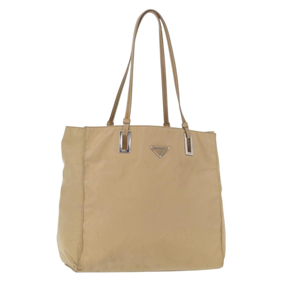 PRADA Tote Bag Nylon Leather Beige Silver Auth 156731