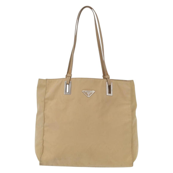 PRADA Tote Bag Nylon Leather Beige Silver Auth 156731