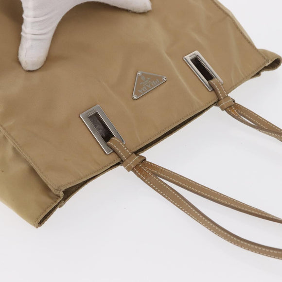 PRADA Tote Bag Nylon Leather Beige Silver Auth 156731