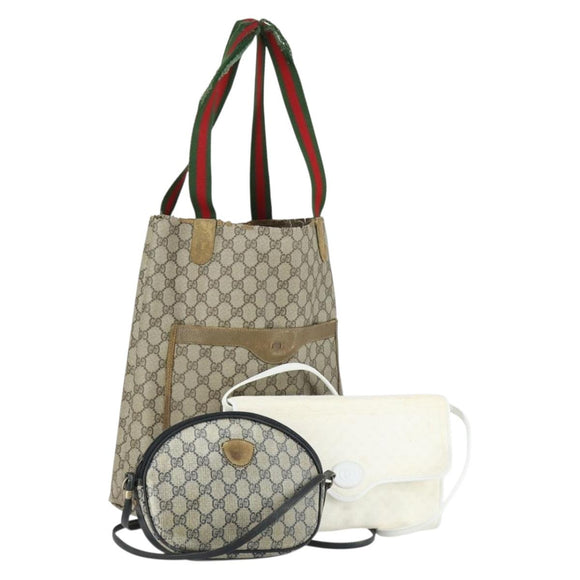GUCCI GG Supreme Web Sherry Line Shoulder Bag PVC 3 Set Beige Gold Auth 156744