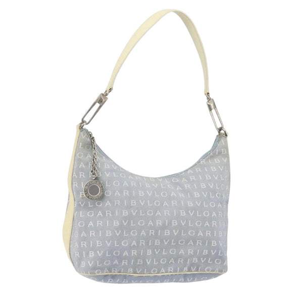 BVLGARI Logo Mania Shoulder Bag Canvas Light Blue Silver Auth 156799