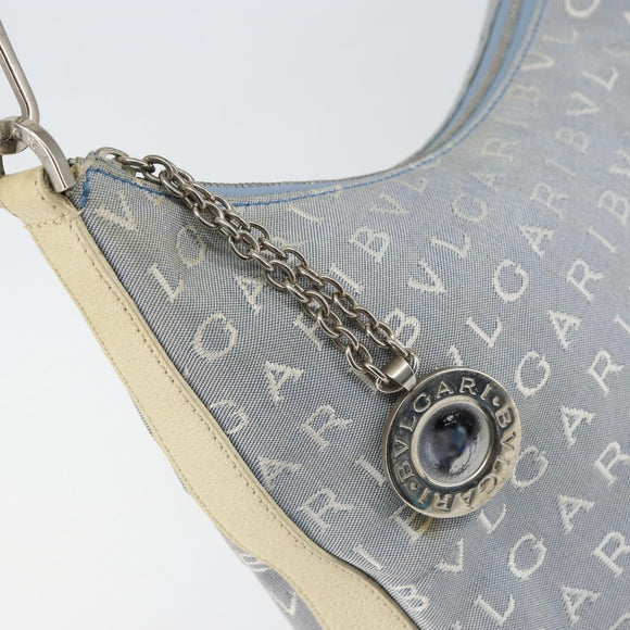 BVLGARI Logo Mania Shoulder Bag Canvas Light Blue Silver Auth 156799