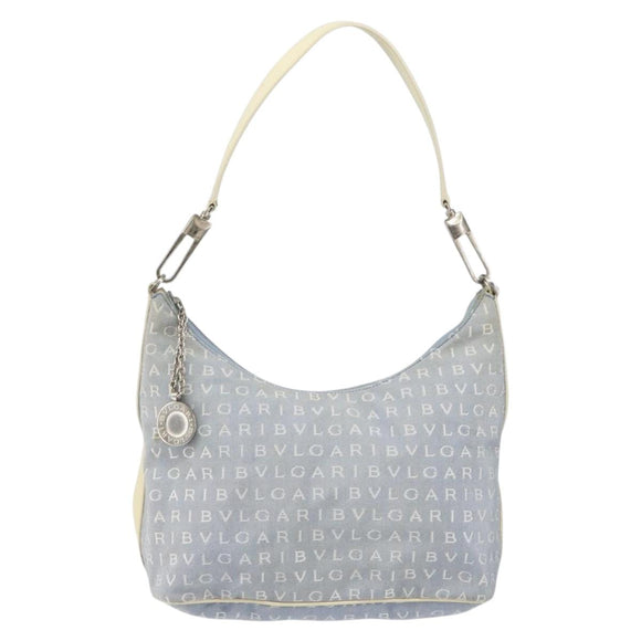 BVLGARI Logo Mania Shoulder Bag Canvas Light Blue Silver Auth 156799