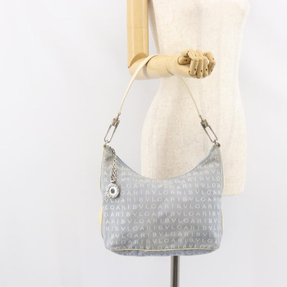 BVLGARI Logo Mania Shoulder Bag Canvas Light Blue Silver Auth 156799