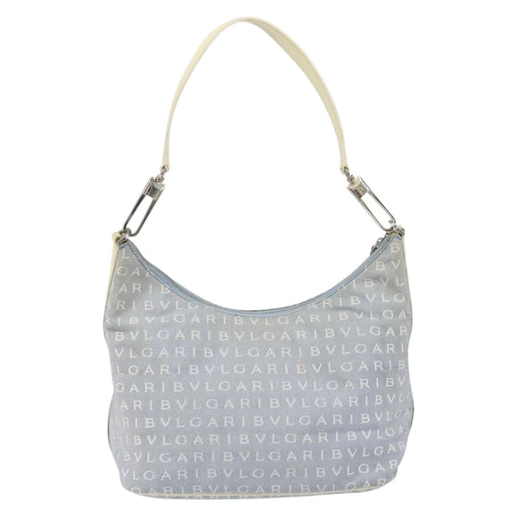 BVLGARI Logo Mania Shoulder Bag Canvas Light Blue Silver Auth 156799