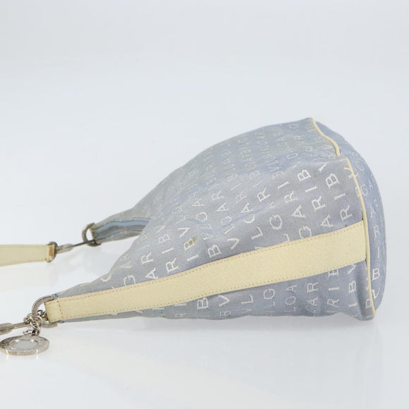 BVLGARI Logo Mania Shoulder Bag Canvas Light Blue Silver Auth 156799