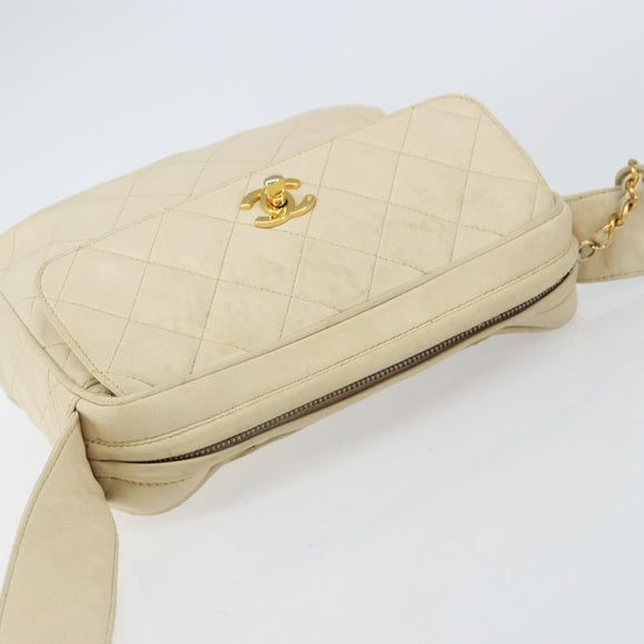 CHANEL Matelasse Shoulder Bag Lamb Skin White Gold CC Auth 156813